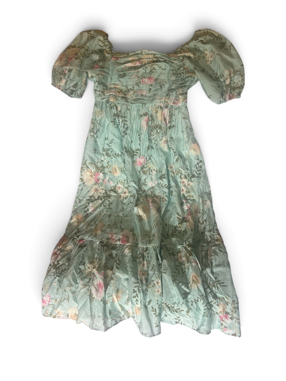 By The River Sage Floral Puff Sleeve Ruched Midi Dress Size S (Fits M/L Too!)
